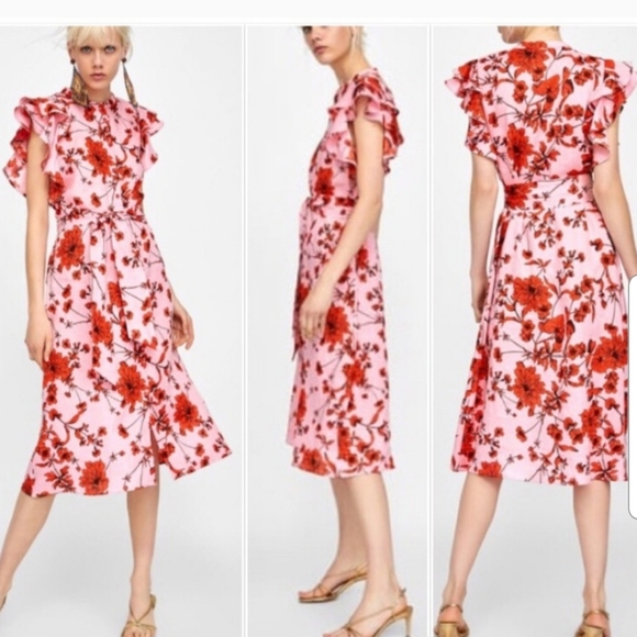 Zara | Dresses | Zara Red Pink Floral Print Linen Ruffle Midi Dress |  Poshmark